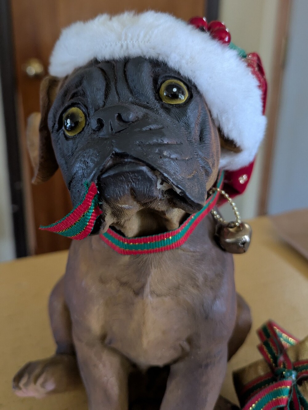 Brown Boxer Puppy Holiday Santa Hat & Bell - Brown, Resin 9 In Tall.